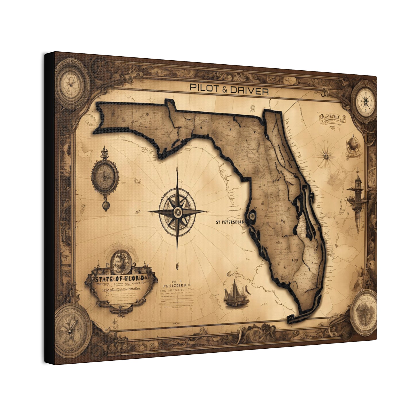 Pilot & Driver™ Vintage Maps Collection | Stretched Canvas Prints | Florida 01