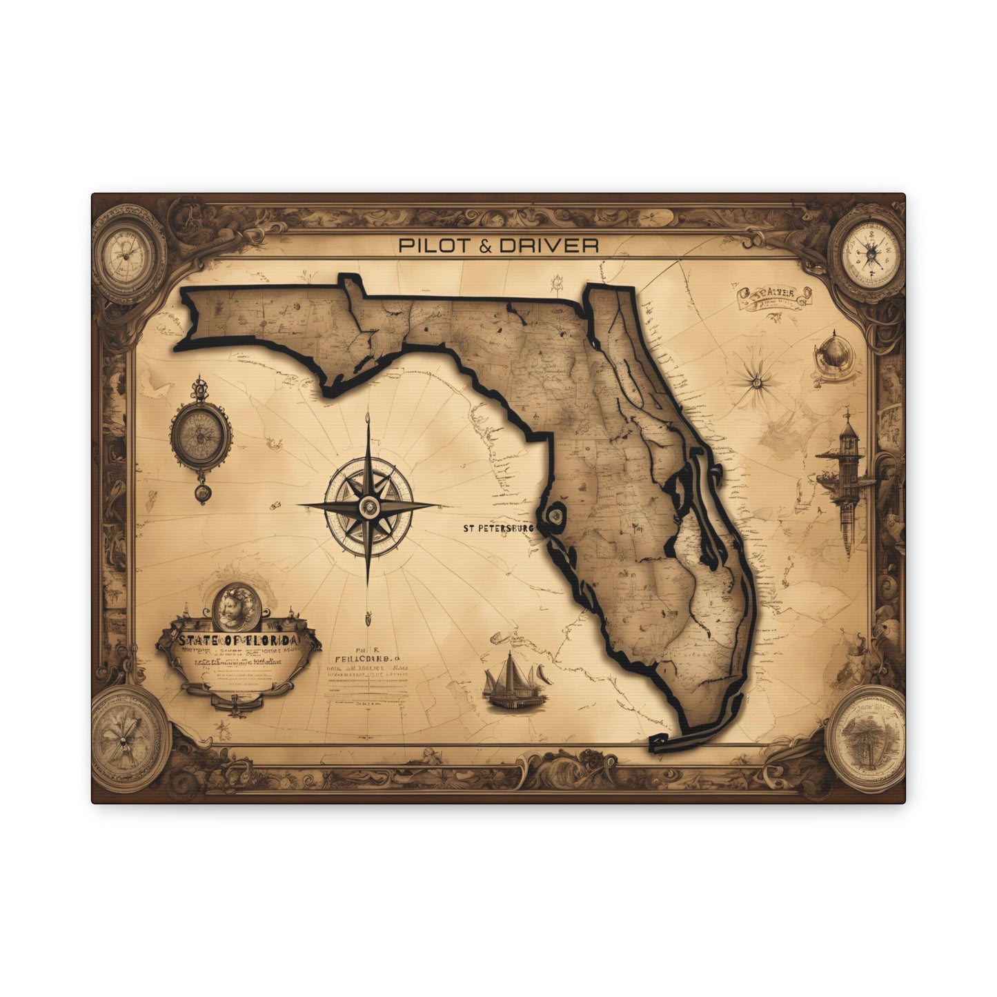 Pilot & Driver™ Vintage Maps Collection | Stretched Canvas Prints | Florida 01