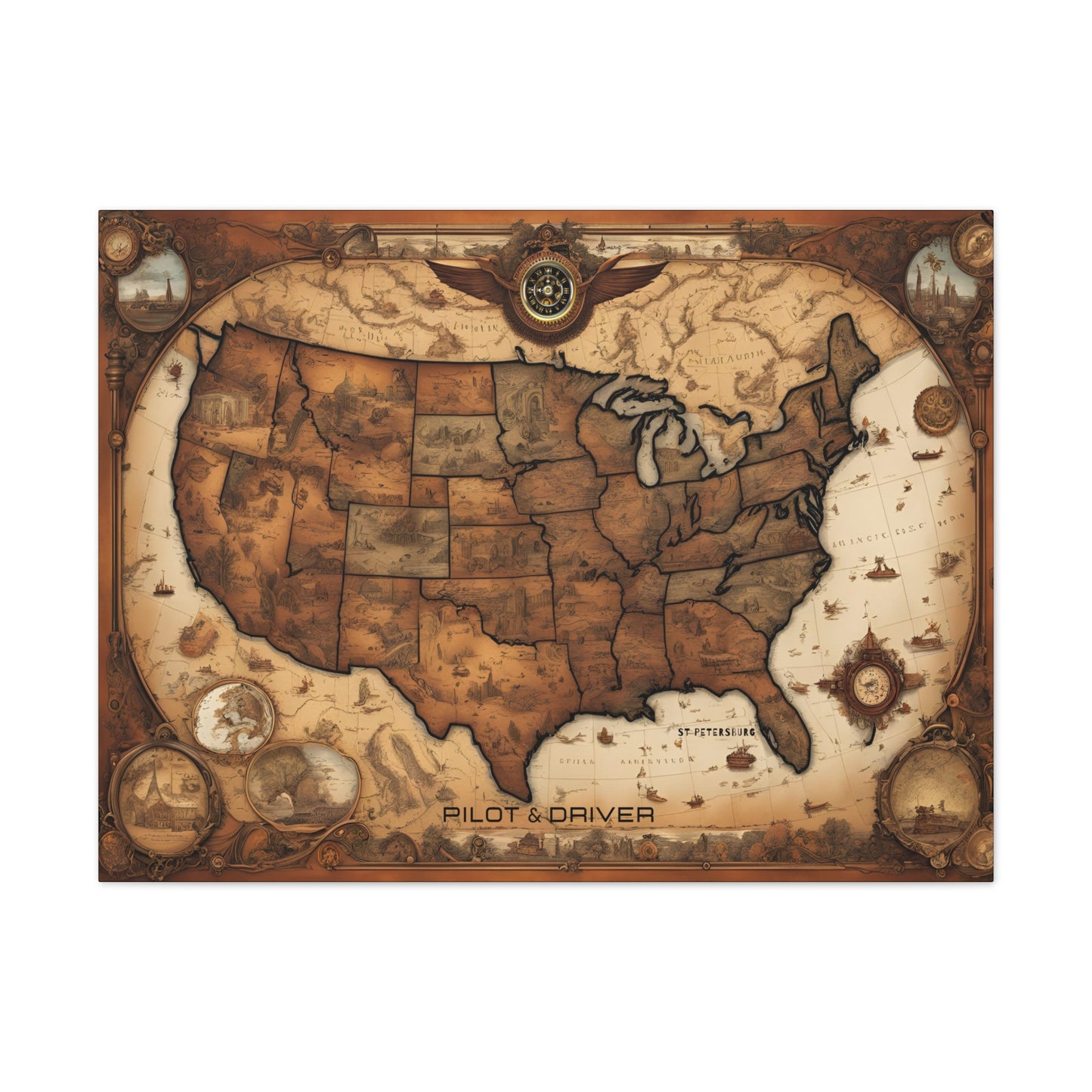 Pilot & Driver™ Vintage Maps Collection | Stretched Canvas Prints | USA 01