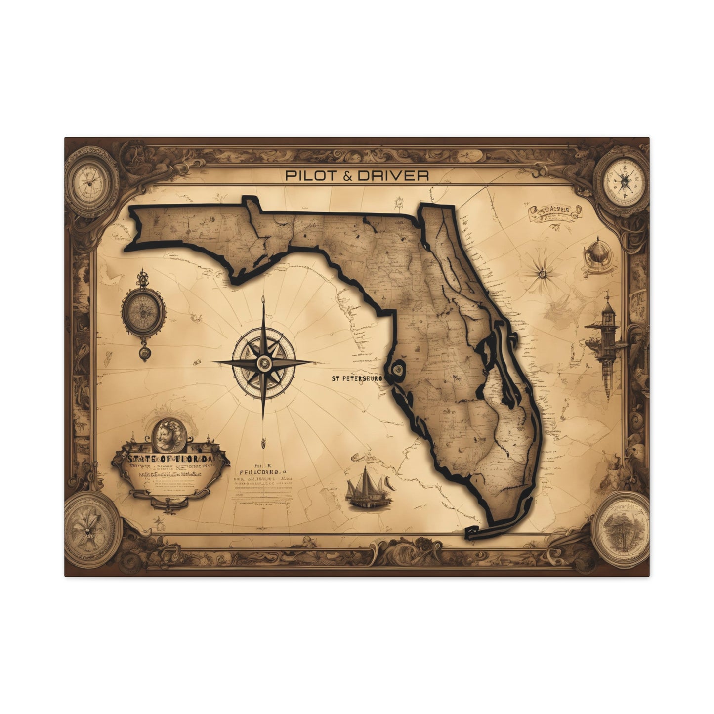 Pilot & Driver™ Vintage Maps Collection | Stretched Canvas Prints | Florida 01