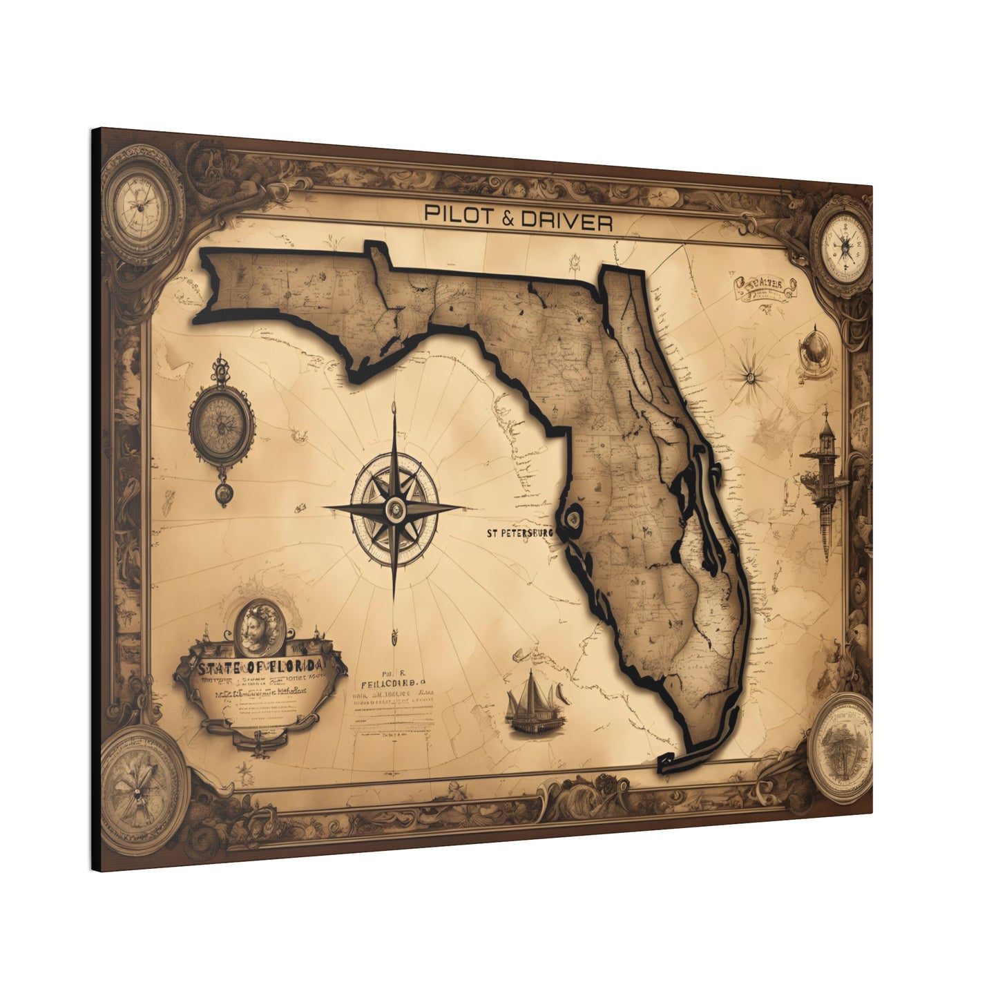 Pilot & Driver™ Vintage Maps Collection | Stretched Canvas Prints | Florida 01