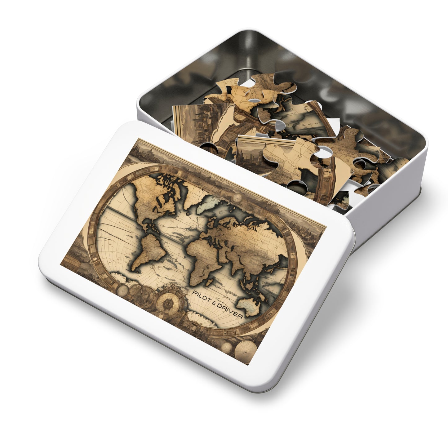 Vintage World Map 01 | Jigsaw Puzzle with Tin