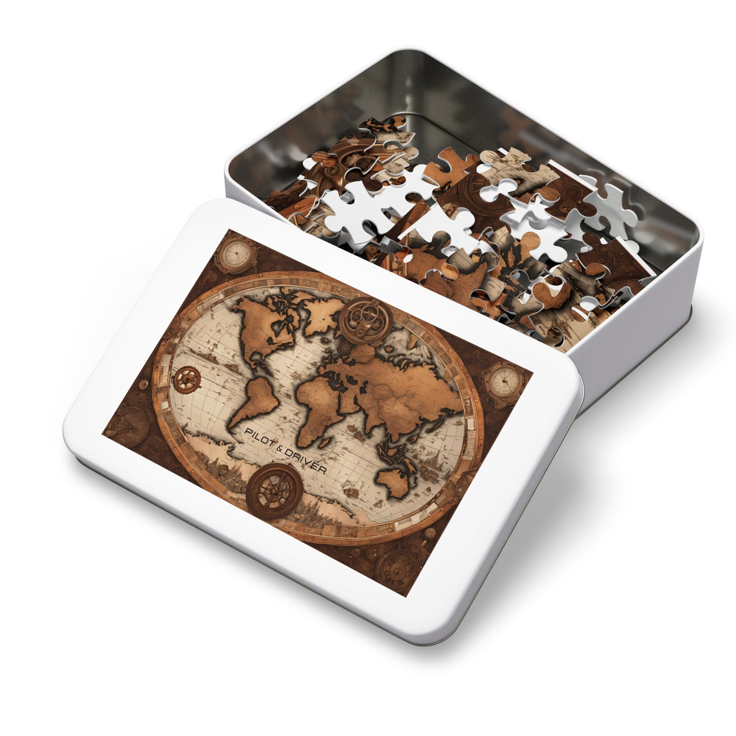 Vintage World Map 02 | Jigsaw Puzzle with Tin