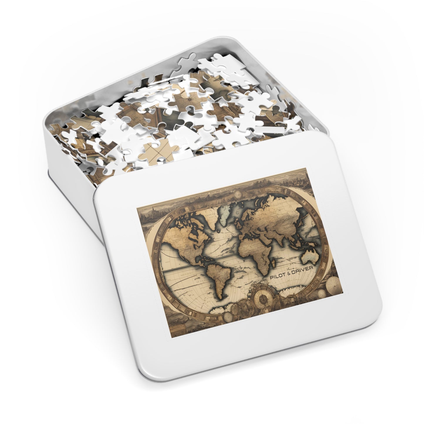 Vintage World Map 01 | Jigsaw Puzzle with Tin